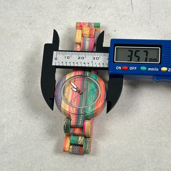 Womens Watch 35mm Round Colorful Rainbow Striped Wooden Sustainable New Battery - Picture 8 of 9